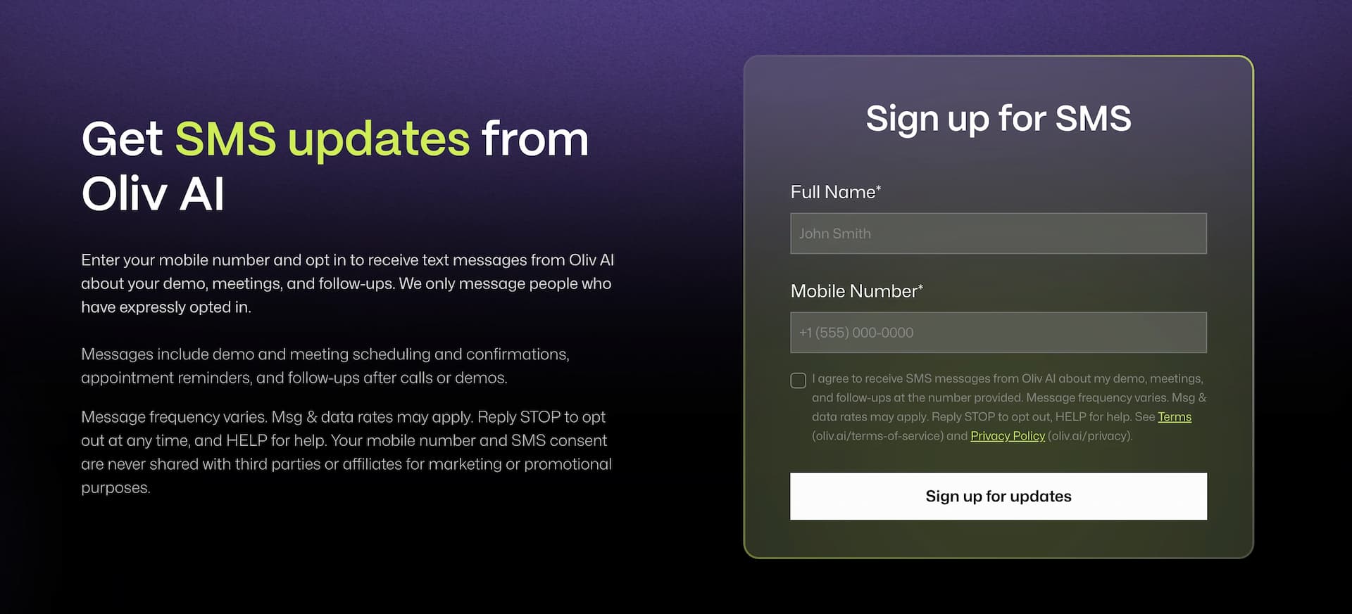 Screenshot of the SMS opt-in consent checkbox on the Oliv AI sign-up form at oliv.ai/sms-signup, unchecked by default, with links to the Terms of Service and Privacy Policy.