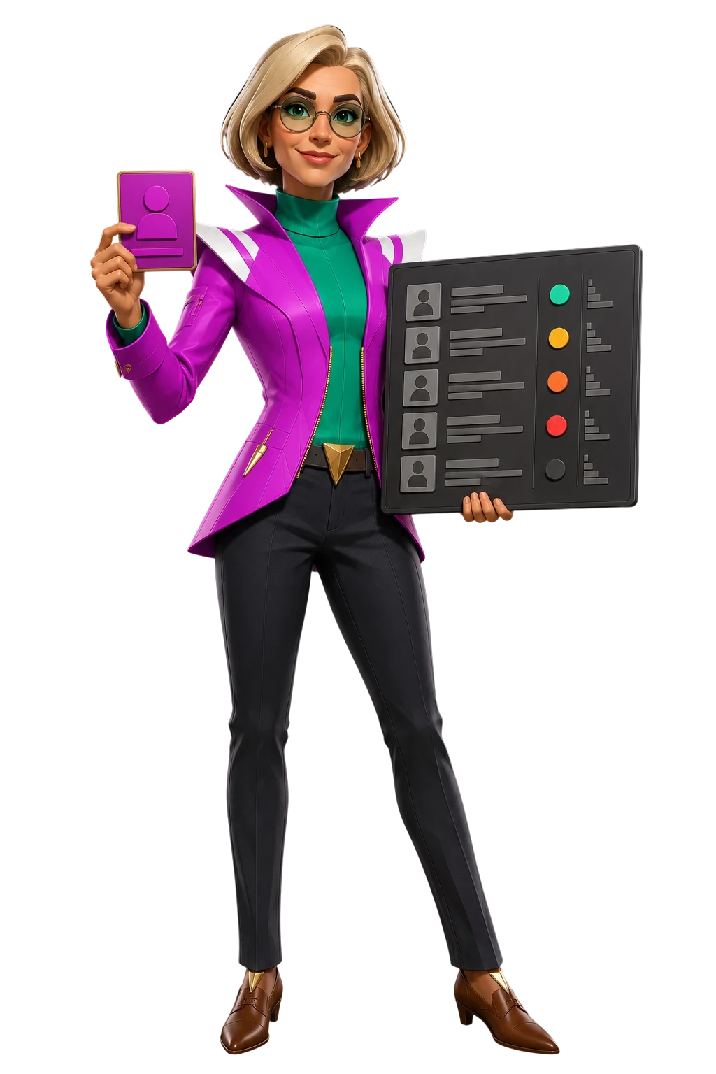 Portfolio Manager agent holding a phone and an account board